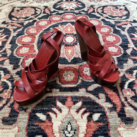 Burberry Shoes - Burberry Red Leather Open Toe Ankle Strap Wedge Sandals